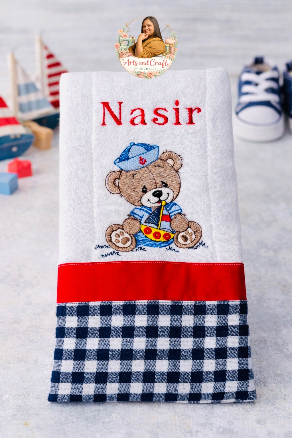 Red Nautical Teddy Bear Baby Burp Cloth