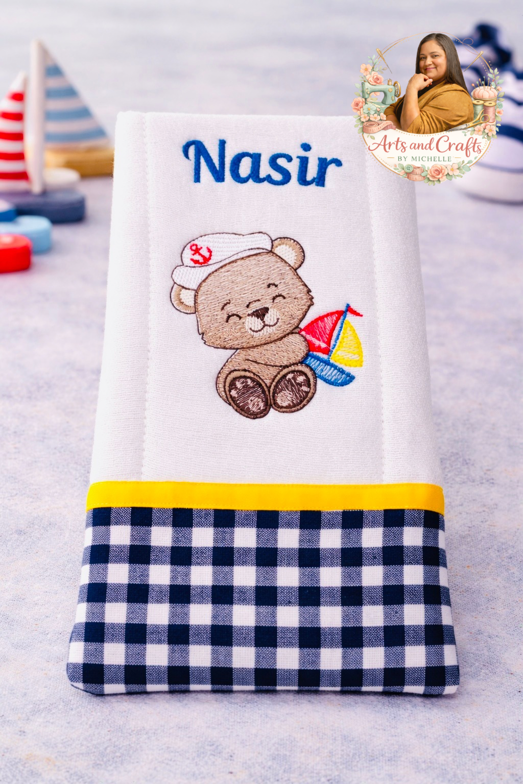 Yellow Nautical Teddy Bear Baby Burp Cloth