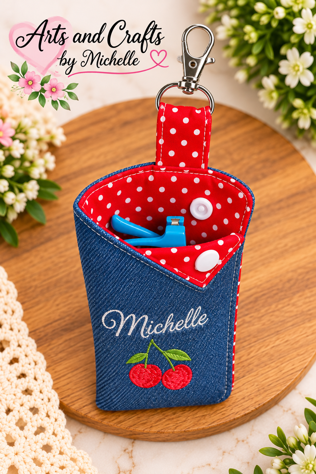 Cherry Personalized Denim Eyeglasses Case with Clip | Custom Embroidered Glasses Holder | Handmade Gift