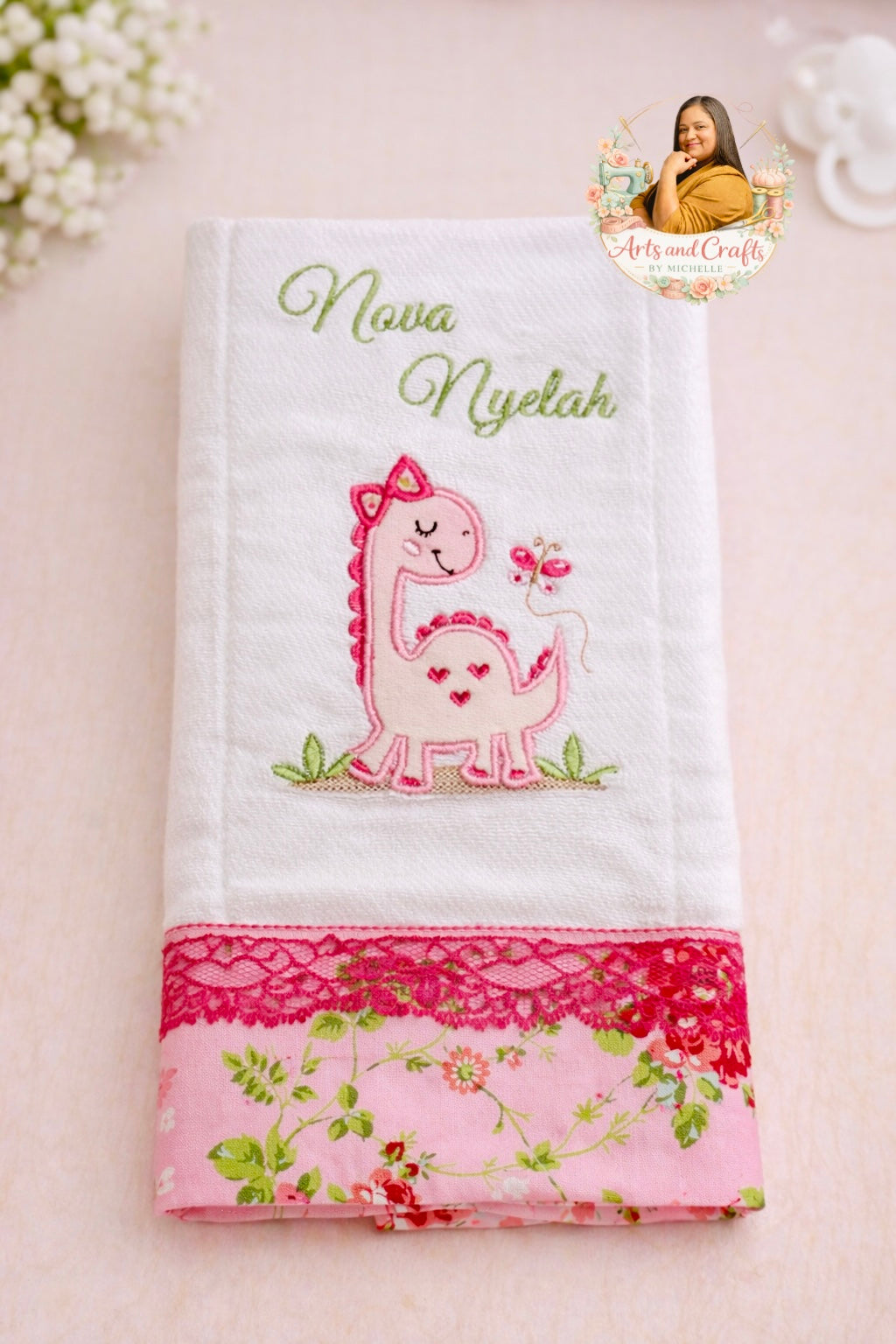 Pink Dinosaur Baby Burp Cloth