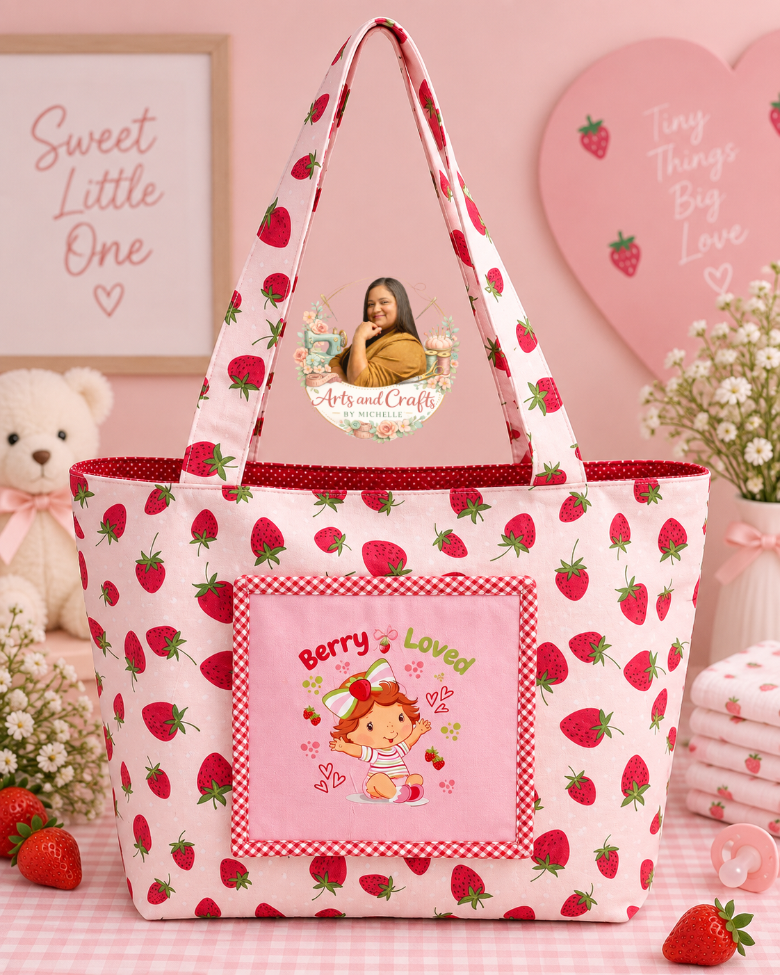 Strawberry X-Large Baby Diaper Bag – Large Handmade Tote Bag with inside Pockets