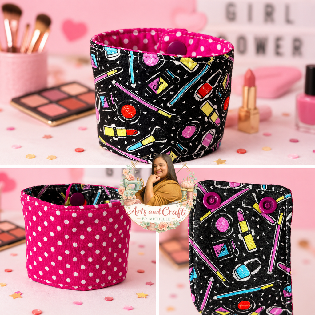 Kids Cup Cozy | makeup Themed Cup Sleeve | Reusable Fabric Drink Cozy | Teacher Gift (Copy)