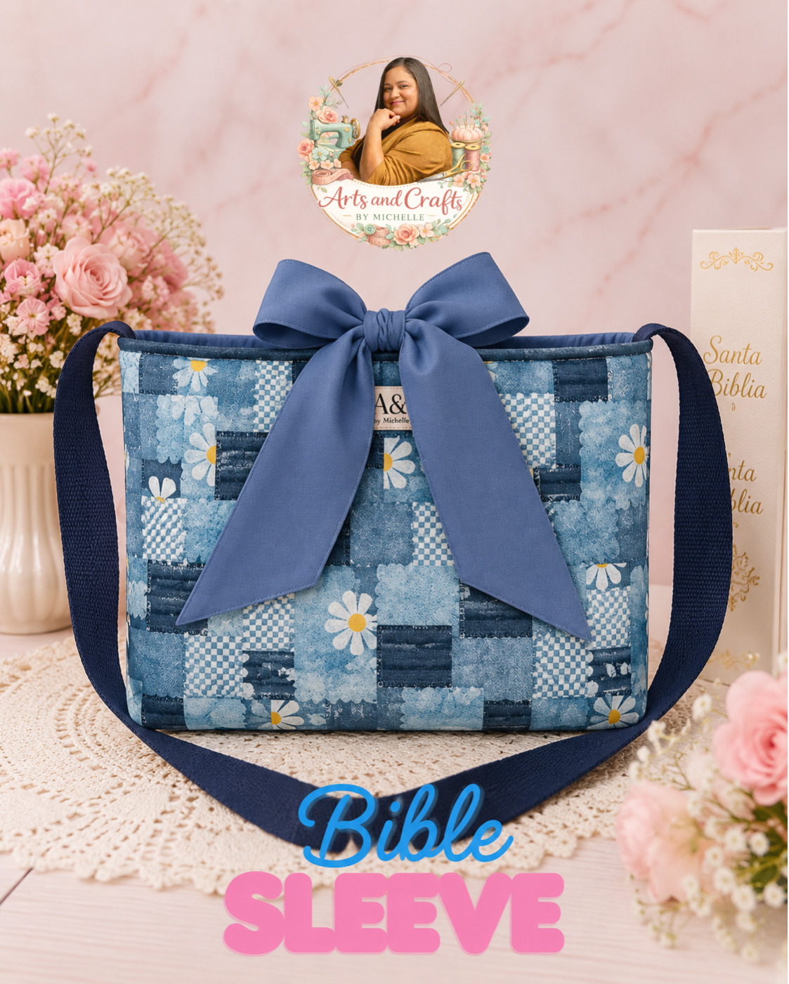 Blue Floral Bible & Book Sleeve | Handmade Padded Book Protector with Bow