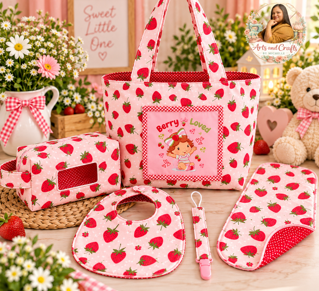 Strawberry Theme Personalized Baby Diaper Bag Gift Set – 5 Piece Handmade Baby Essentials Set