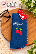 Cherry Personalized Denim Eyeglasses Case with Clip | Custom Embroidered Glasses Holder | Handmade Gift
