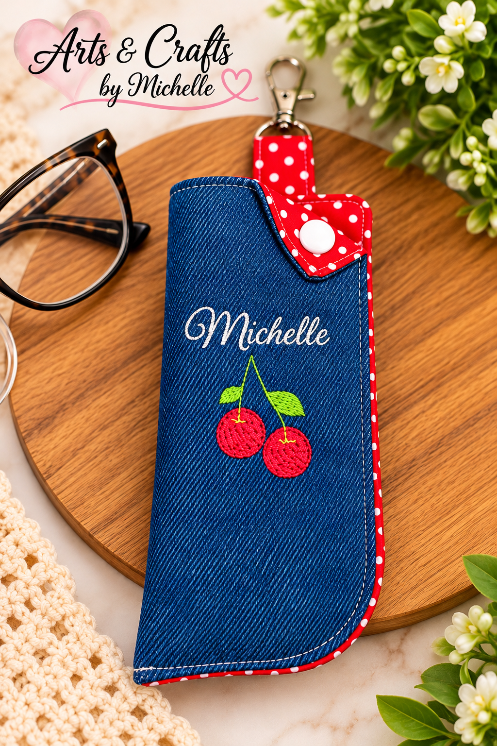 Cherry Personalized Denim Eyeglasses Case with Clip | Custom Embroidered Glasses Holder | Handmade Gift