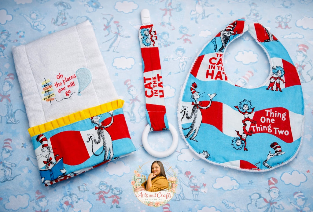 3pc Cat Baby Gift Set – Red & Blue Bib, Burp Cloth & Silicone teething clip | Personalized Baby Gift