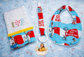 3pc Cat Baby Gift Set – Red & Blue Bib, Burp Cloth & Silicone teething clip | Personalized Baby Gift