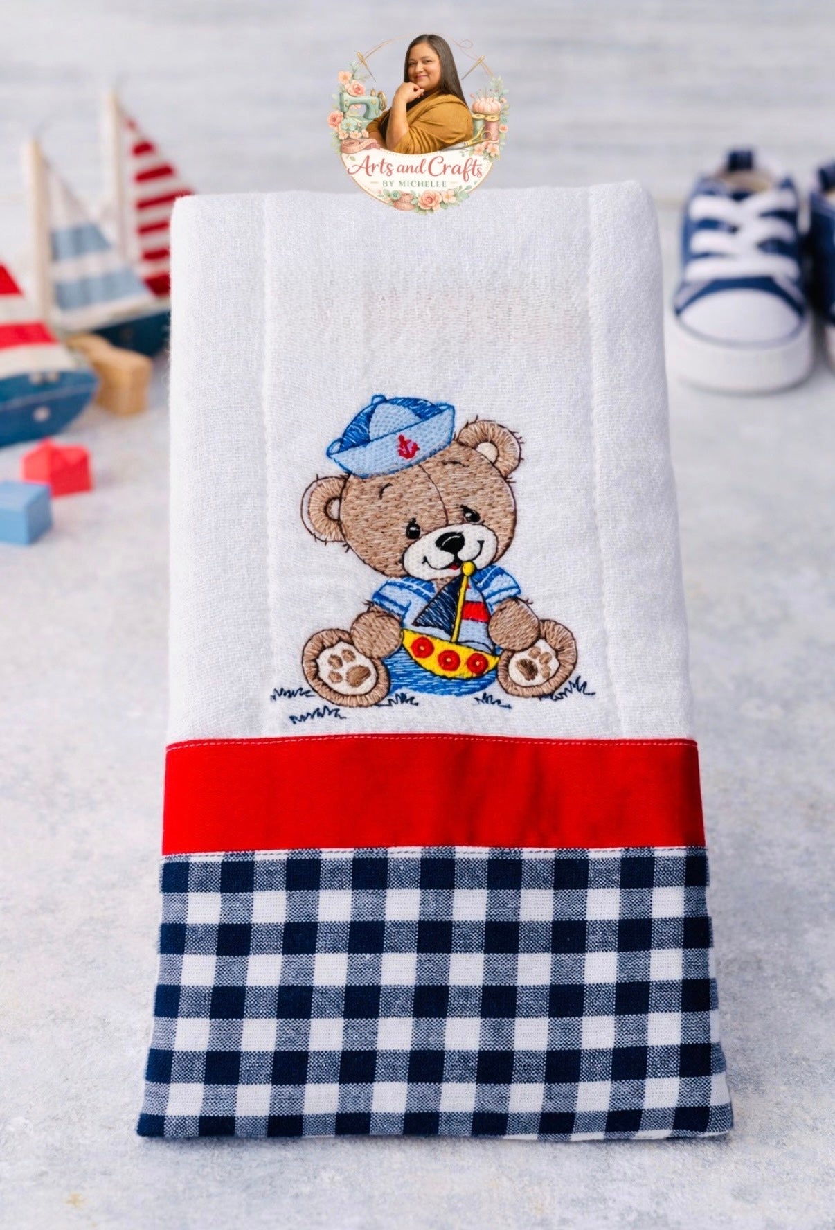 Red Nautical Teddy Bear Baby Burp Cloth