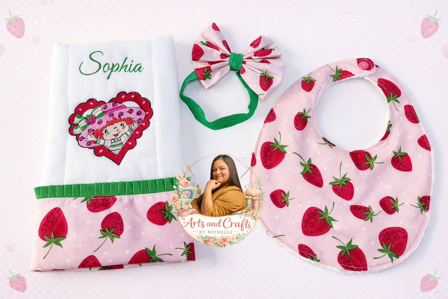 Handmade Baby Gift Set – Strawberry Baby Bib, Burp Cloth & Bow Headband | Personalized Baby Gift