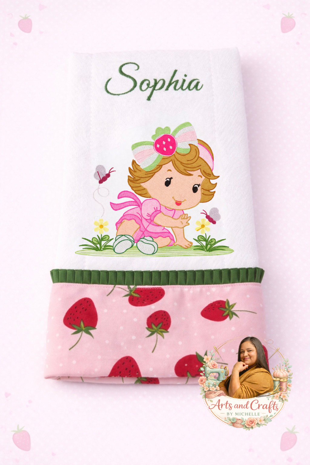 Handmade 3pc Baby Gift Set – Strawberry Baby Bib, Burp Cloth & Bow Headband | Personalized Baby Gift