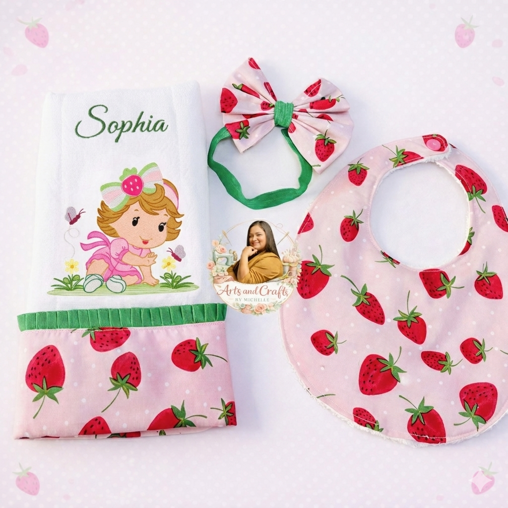 Handmade 3pc Baby Gift Set – Strawberry Baby Bib, Burp Cloth & Bow Headband | Personalized Baby Gift