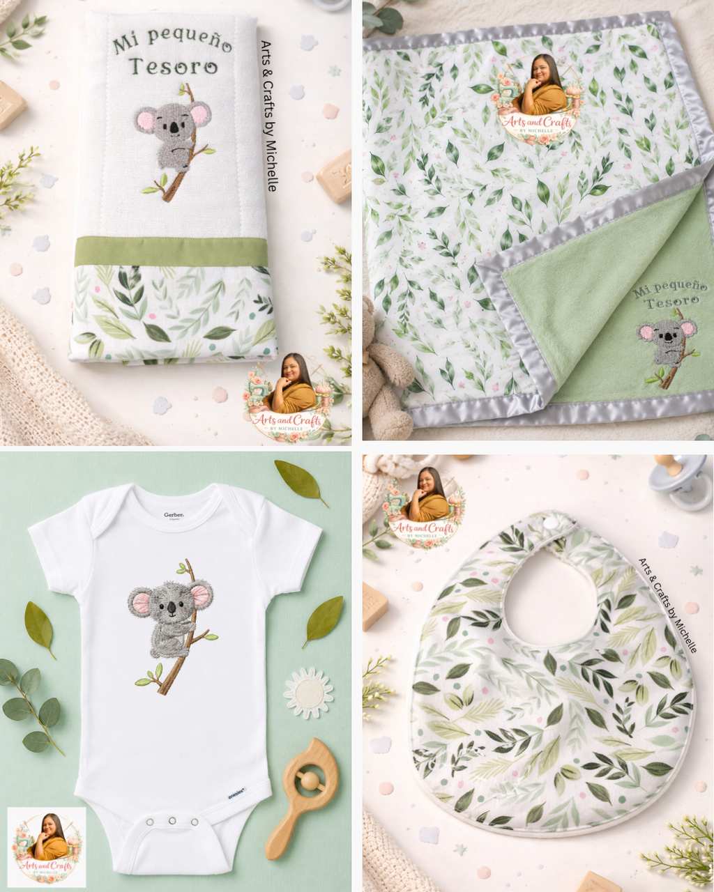 4 pc Koala Baby Gift Set – Bib, Burp Cloth, Blanket and Onesie Personalized | Baby Gift Set