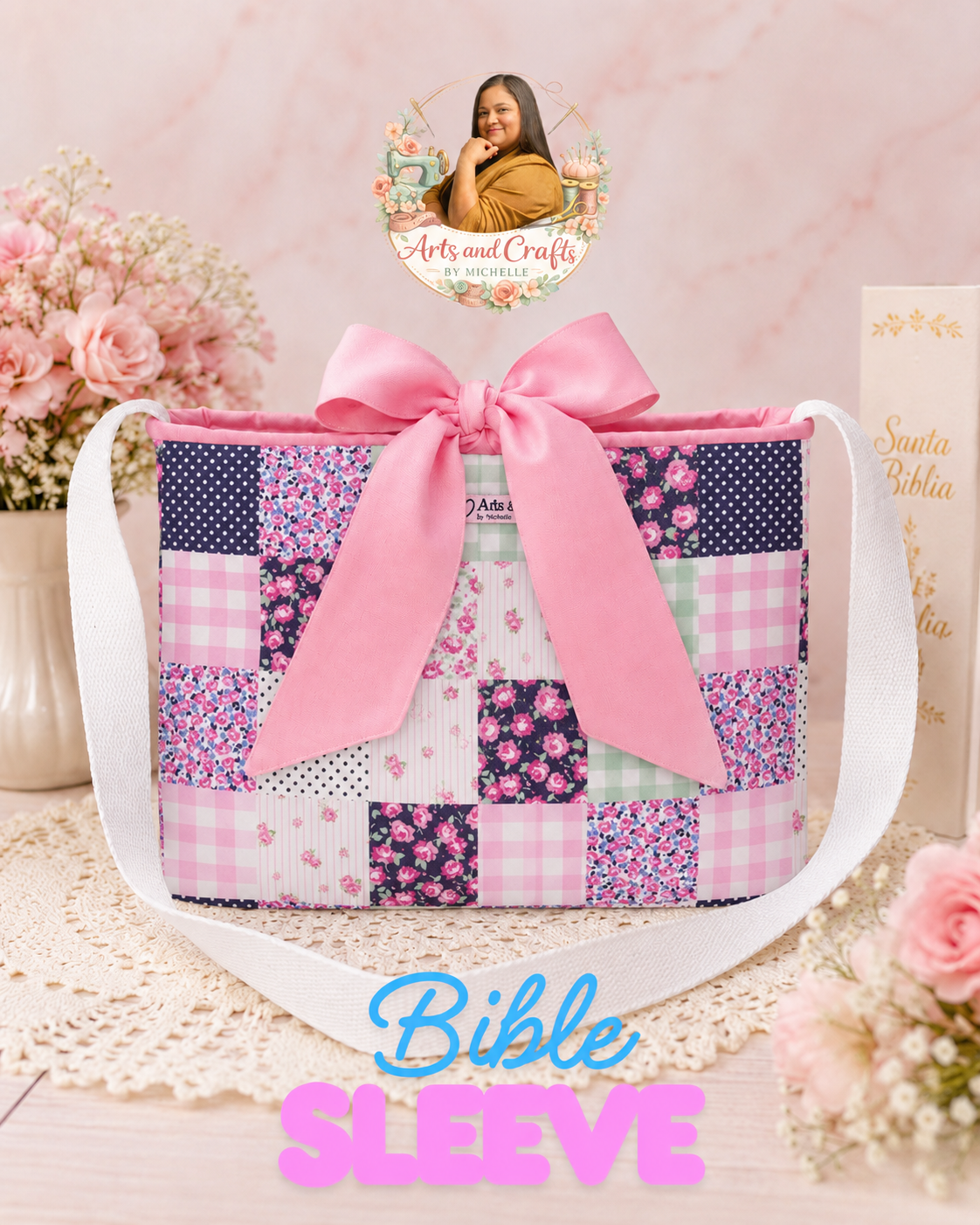 Pink Patchwork Bible & Book Sleeve | Handmade Padded Book Protector with Bow