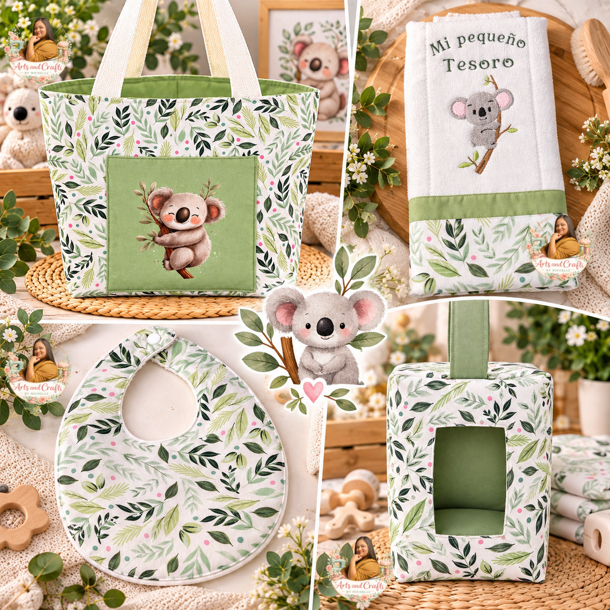 Koala Theme Personalized Baby Diaper Bag Gift Set – 4 Piece Handmade Baby Essentials Set