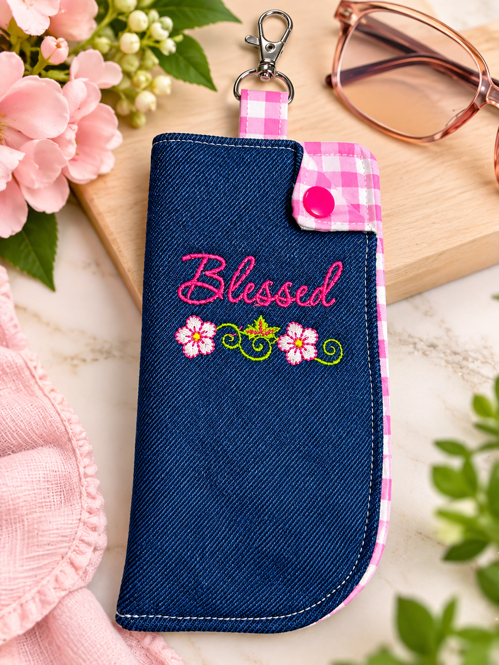 Blessed Personalized Denim glasses Case with Clip | Custom Embroidered Glasses Holder | Handmade Gift