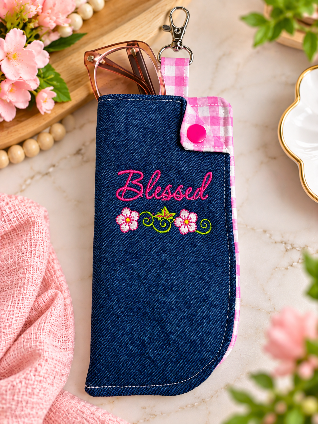 Blessed Personalized Denim glasses Case with Clip | Custom Embroidered Glasses Holder | Handmade Gift